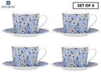 Set of 4 Ashdene 240mL Vintage Floral Cup & Saucer Set - Dusty Blue