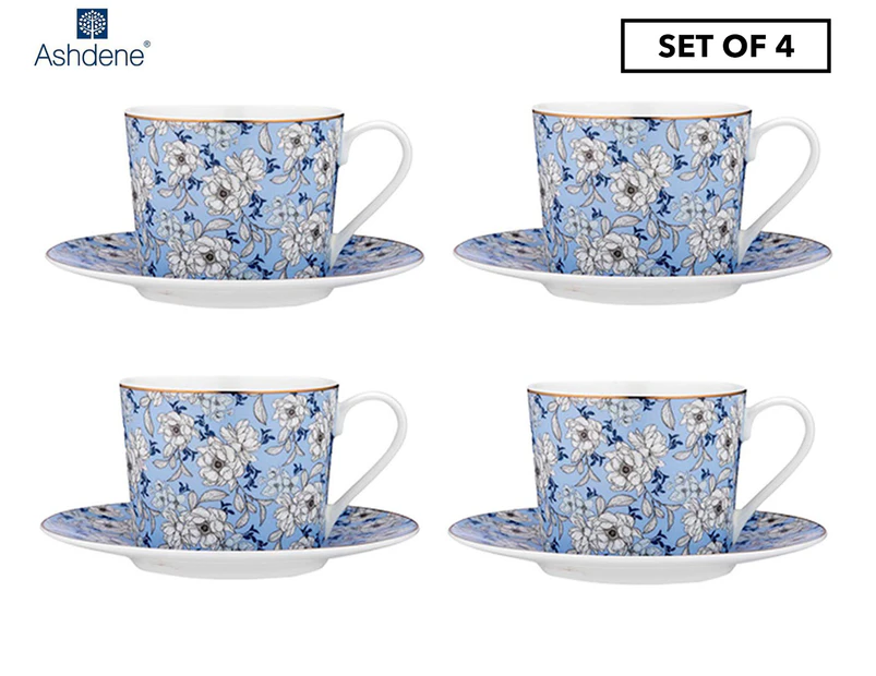 Set of 4 Ashdene 240mL Vintage Floral Cup & Saucer Set - Dusty Blue