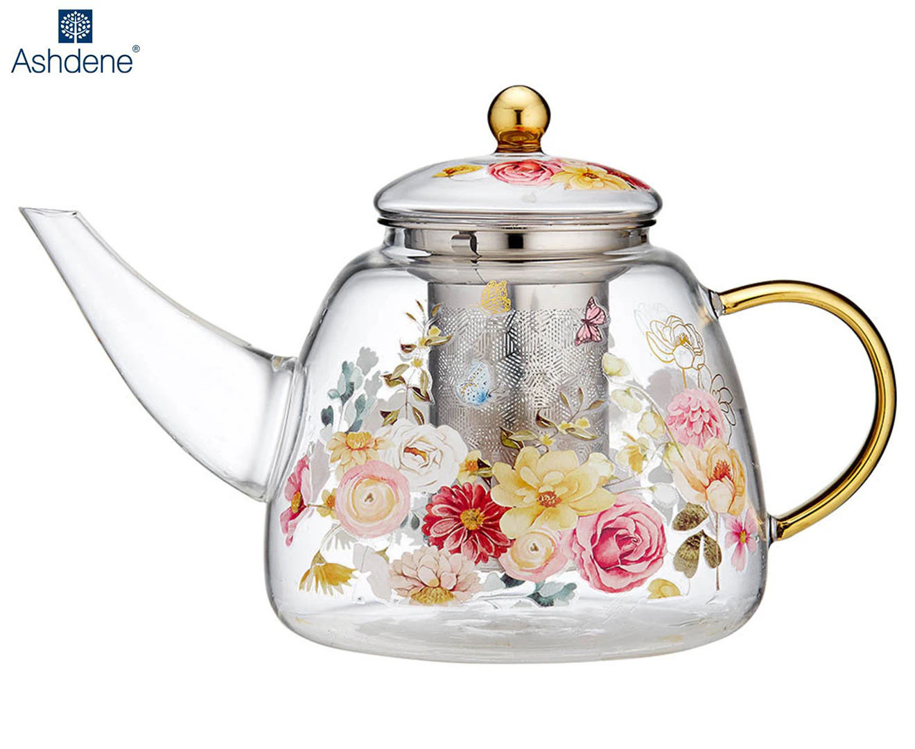 Ashdene Springtime Soiree 1.3L Metallic Infuser Glass Brewing Handle Teapot 24cm