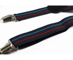 Boys Adjustable Charcoal, Red & Light Blue Striped Patterned Suspenders Fabric