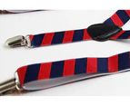 Boys Adjustable Red & Navy Diagonal Striped Patterned Suspenders Fabric