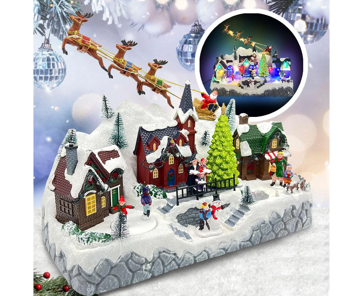 Christmas Snowy Hillside Village with Reindeer Santa Animated Musical Lighted Winter Scene with House Sakters Xmas Tree