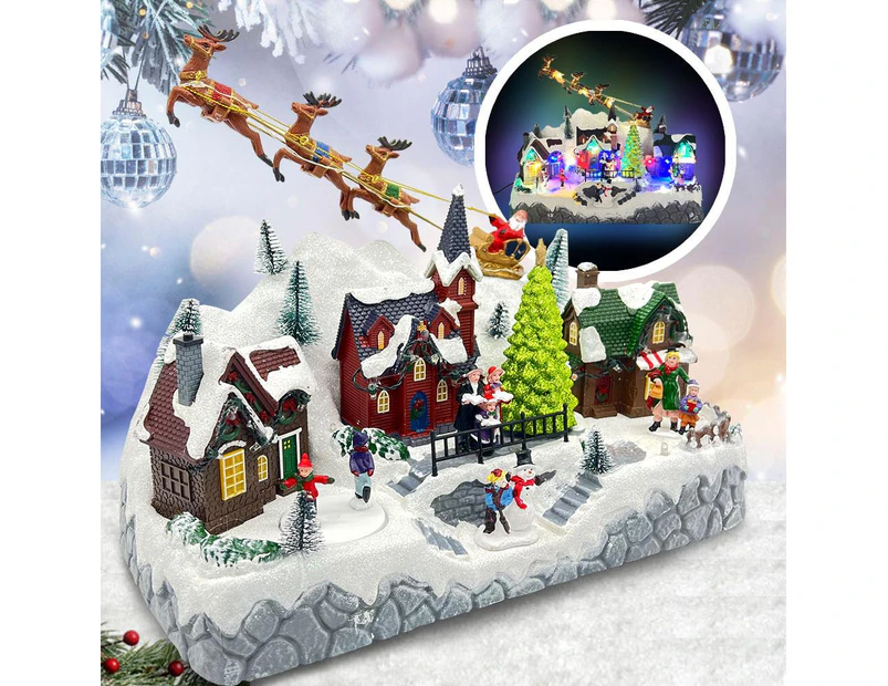 Christmas Snowy Hillside Village with Reindeer Santa Animated Musical Lighted Winter Scene with House Sakters Xmas Tree