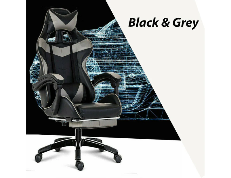 Gaming Chair Office Chair Computer Executive Chair Seating Footrest Racer [Colour: BLACK+GREY]