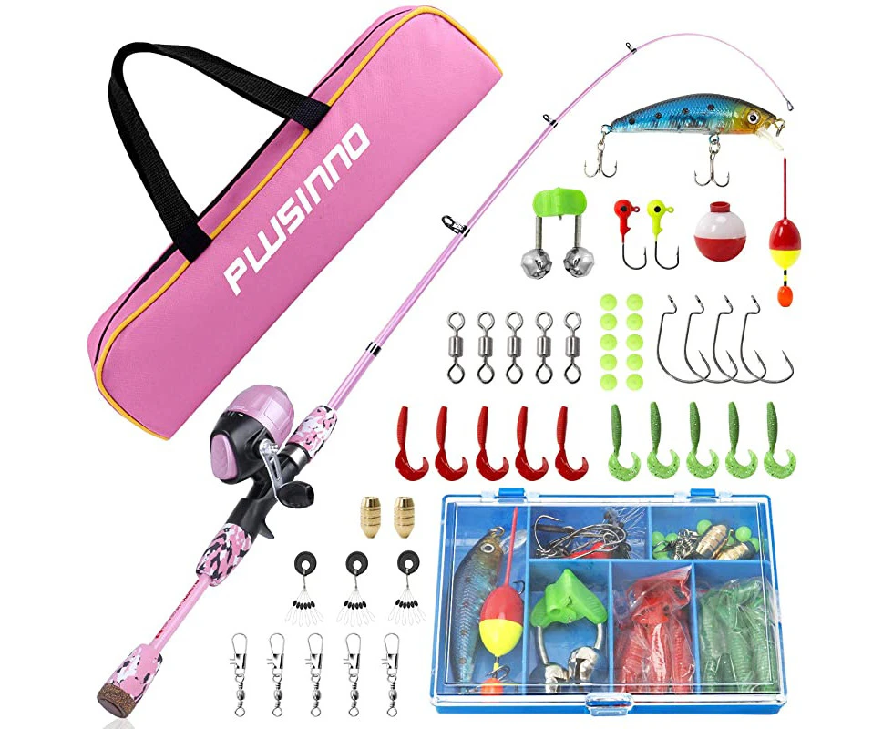 PLUSINNO Kids Fishing Pole with Spincast Reel Telescopic Fishing Rod Combo  Full Kits for Boys, Girls, and Adults Pink 120cm 47.24In