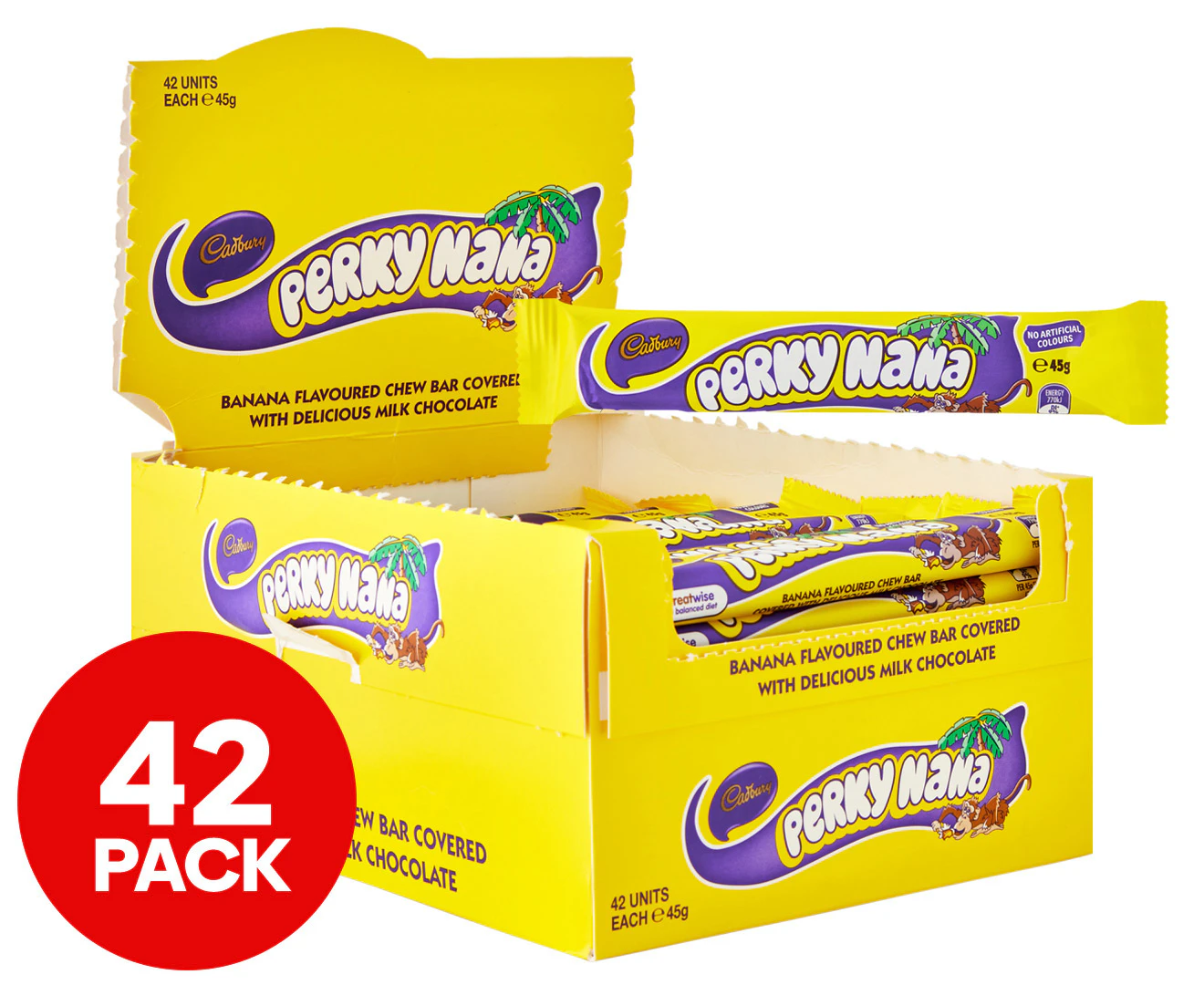 42 x Cadbury Perky Nana Bar Chocolate/Banana 45g