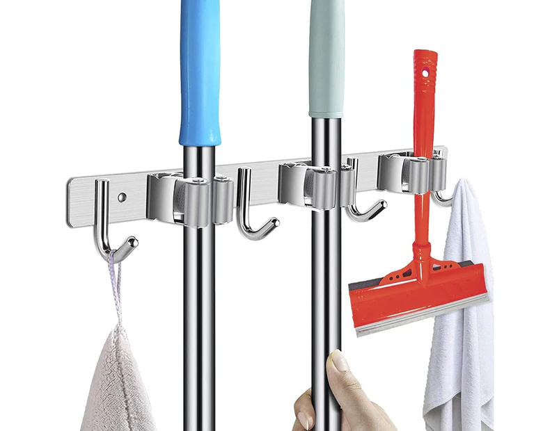 Wall Mount Broom Mop Holder with 3 Racks and 4 Hanger Hooks