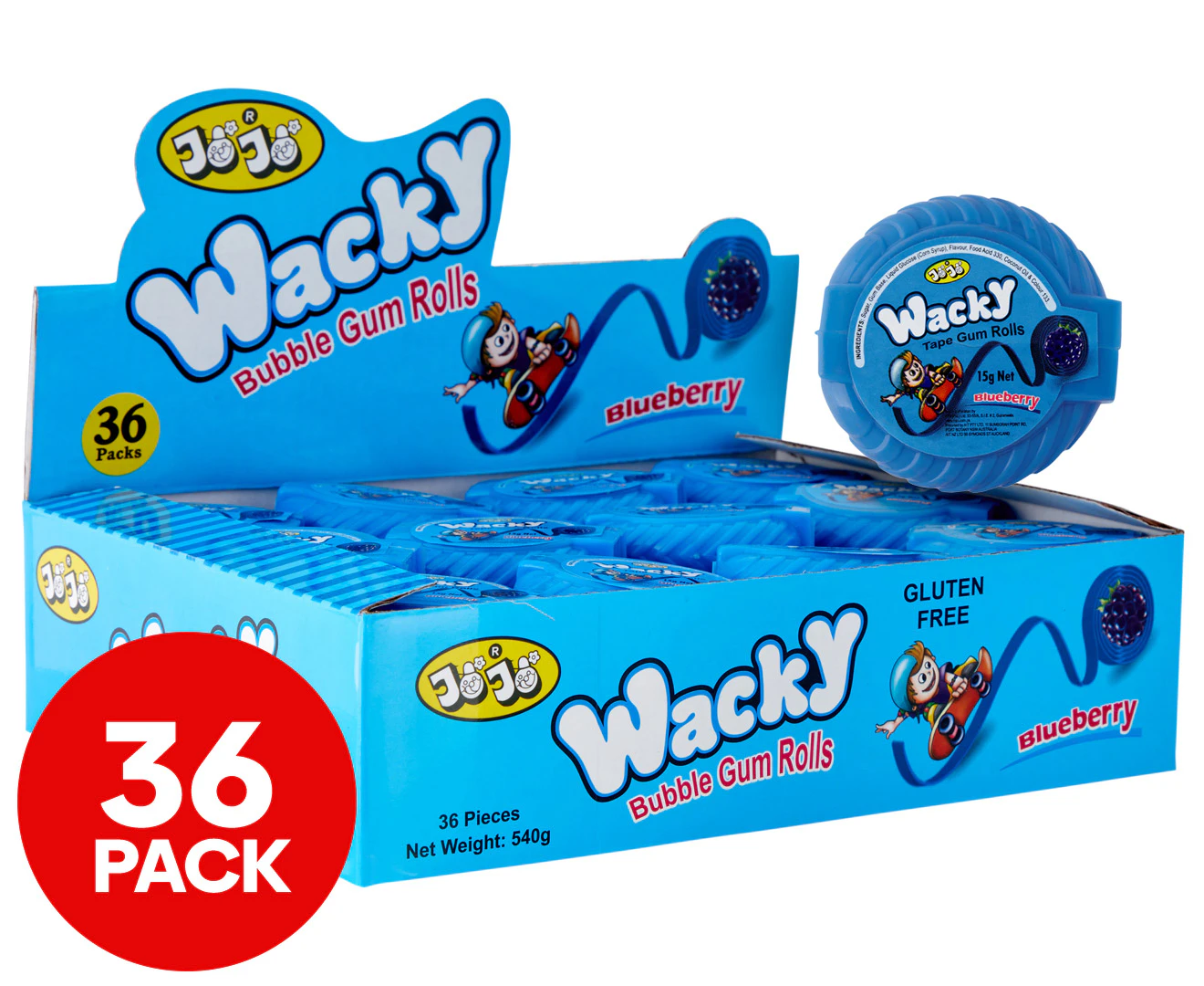 36 x JoJo Wacky Bubble Gum Rolls Blueberry 15g