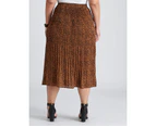 Autograph Woven Midi Pleated Skirt - Womens - Plus Size Curvy - Rust Leopard