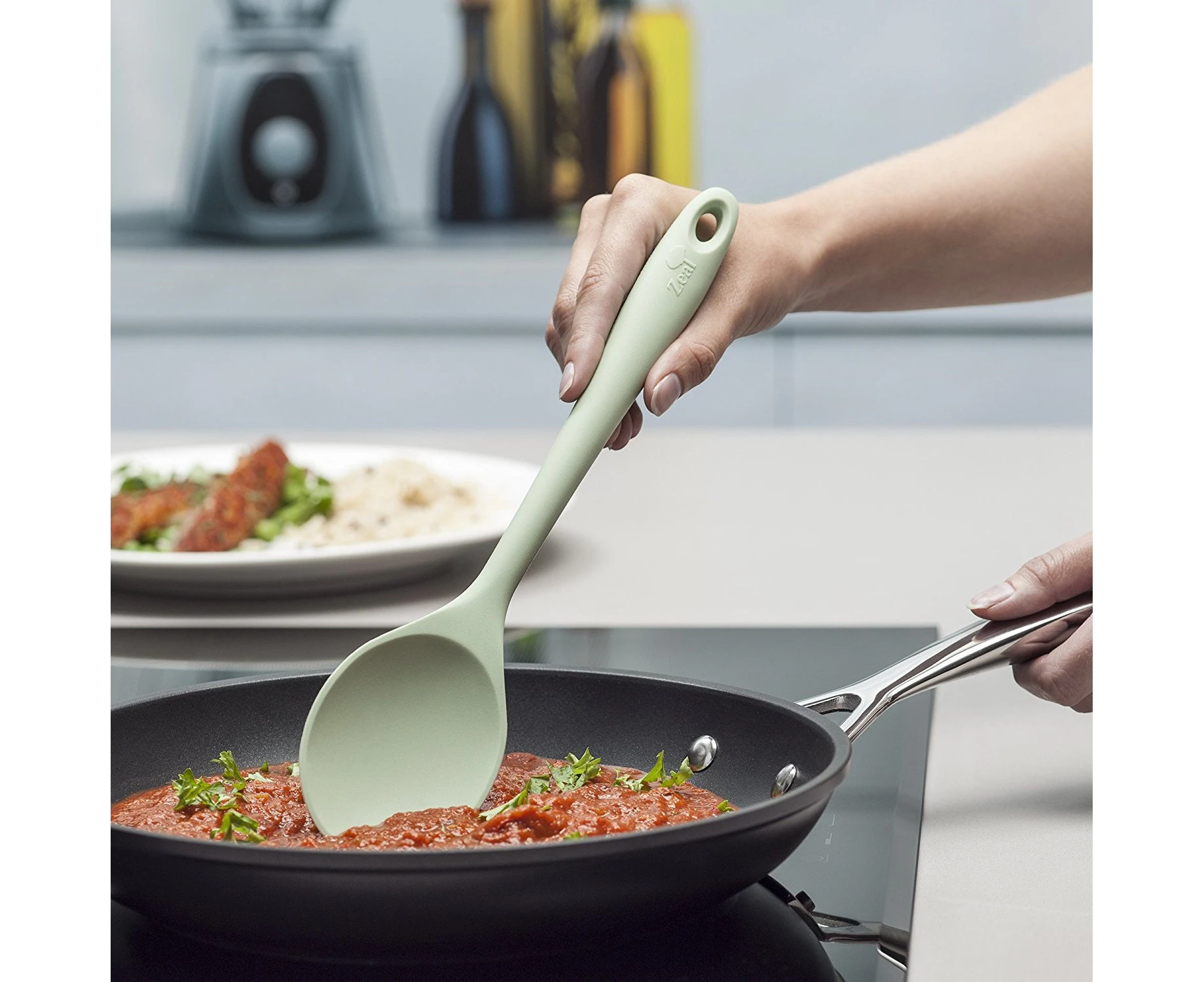 (Sage Green, 28cm ) - Zeal Silicone Non-Stick Cooking Spoon Sage Green (11”/28cm), Inch