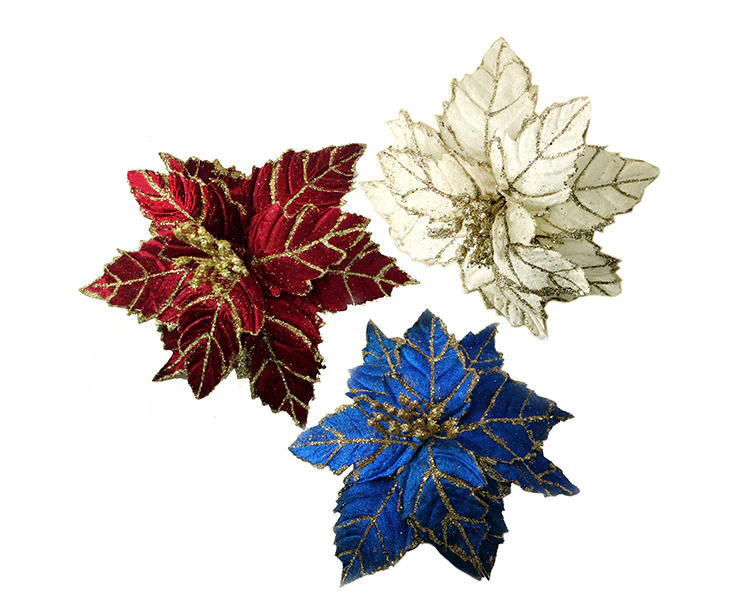 3pcs Mix Color Christmas Artificial Poinsettia Pick With Clip