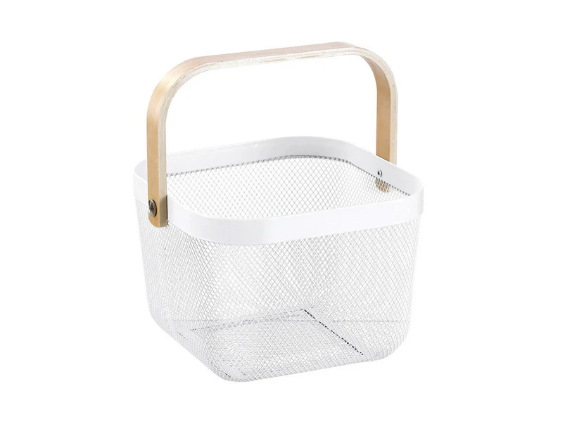 Boxsweden 25x25x17cm Mesh Home Storage Basket/Organiser w/Wooden Handle White