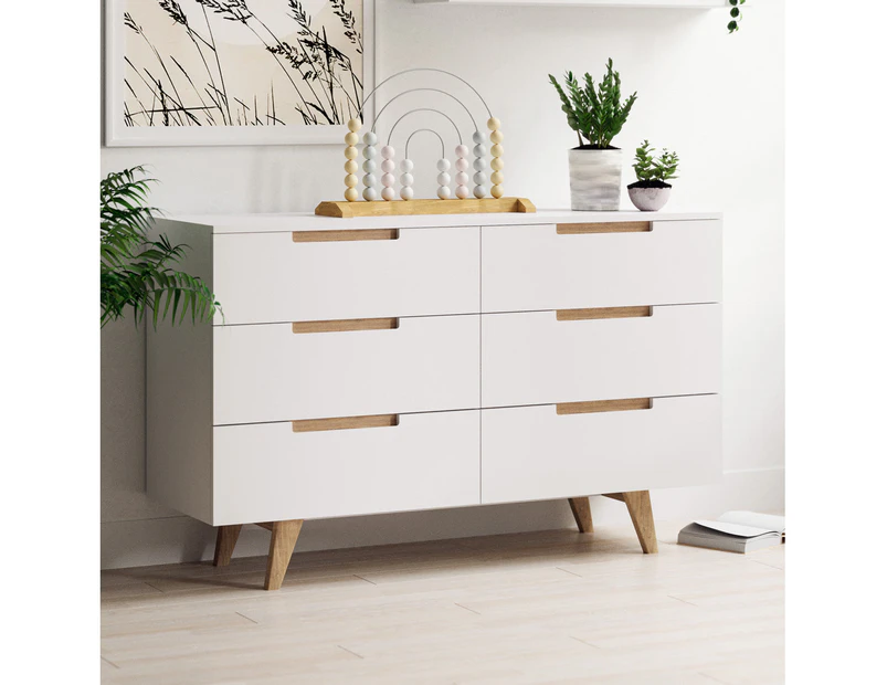 Six Drawer Wooden Dresser Lowboy Chest with Solid Oak Legs (White)