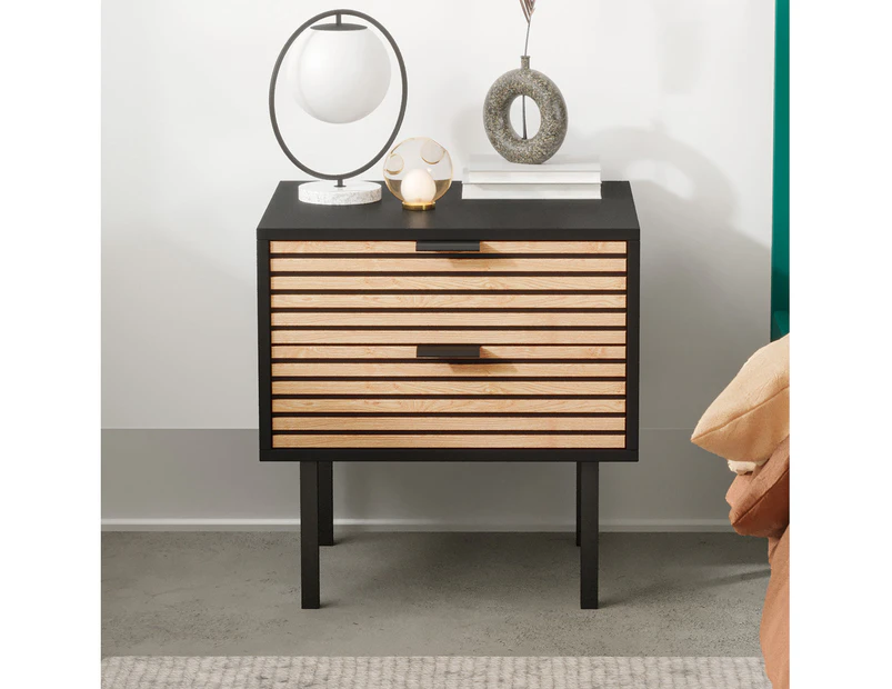 Black Wooden Bedside Table with Slatted Drawers