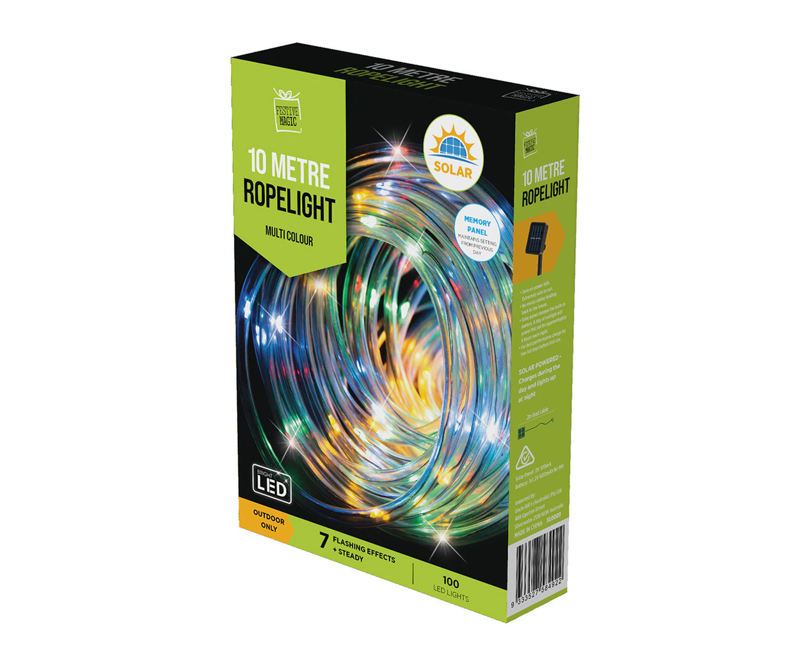 Solar Multi-Coloured Ropelight LED Lights 10m