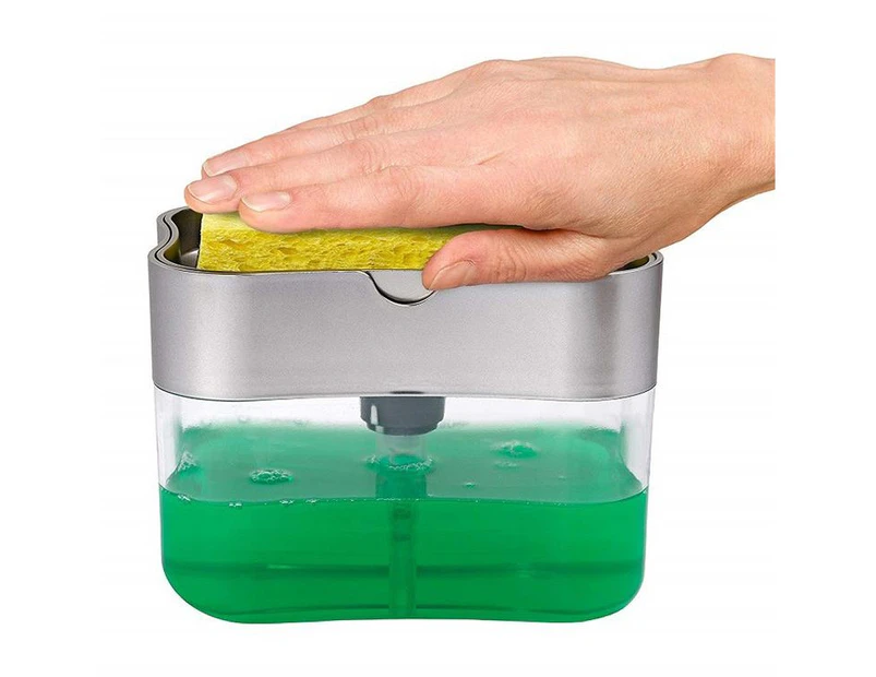 Press Soap Dispenser Kitchen Detergent Wash Presser Sponge Tray (Silver)