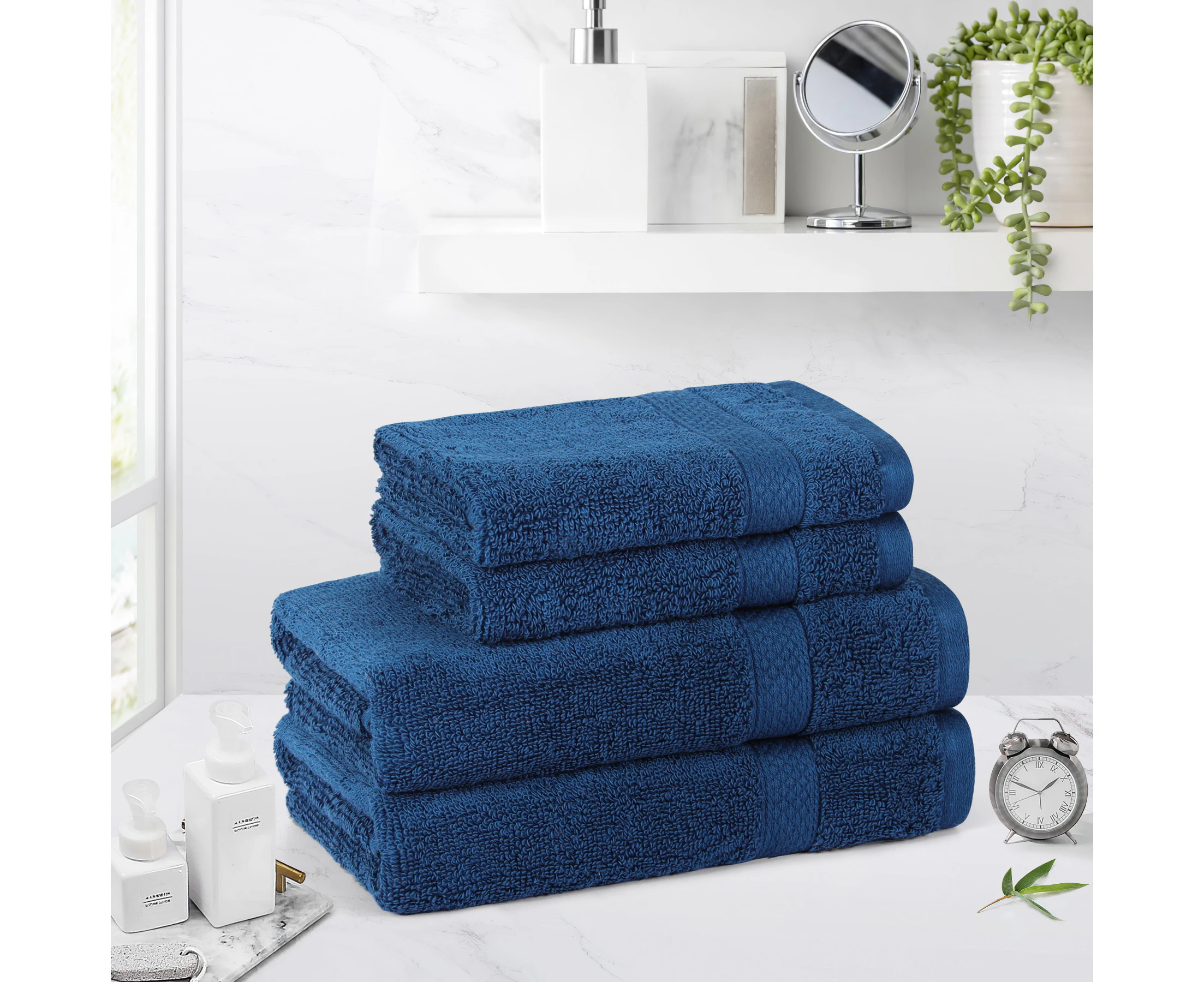 Justlinen 650Gsm 4Pieces Cotton Bathroom Face Towel Hand Towel Soft Set-Navy