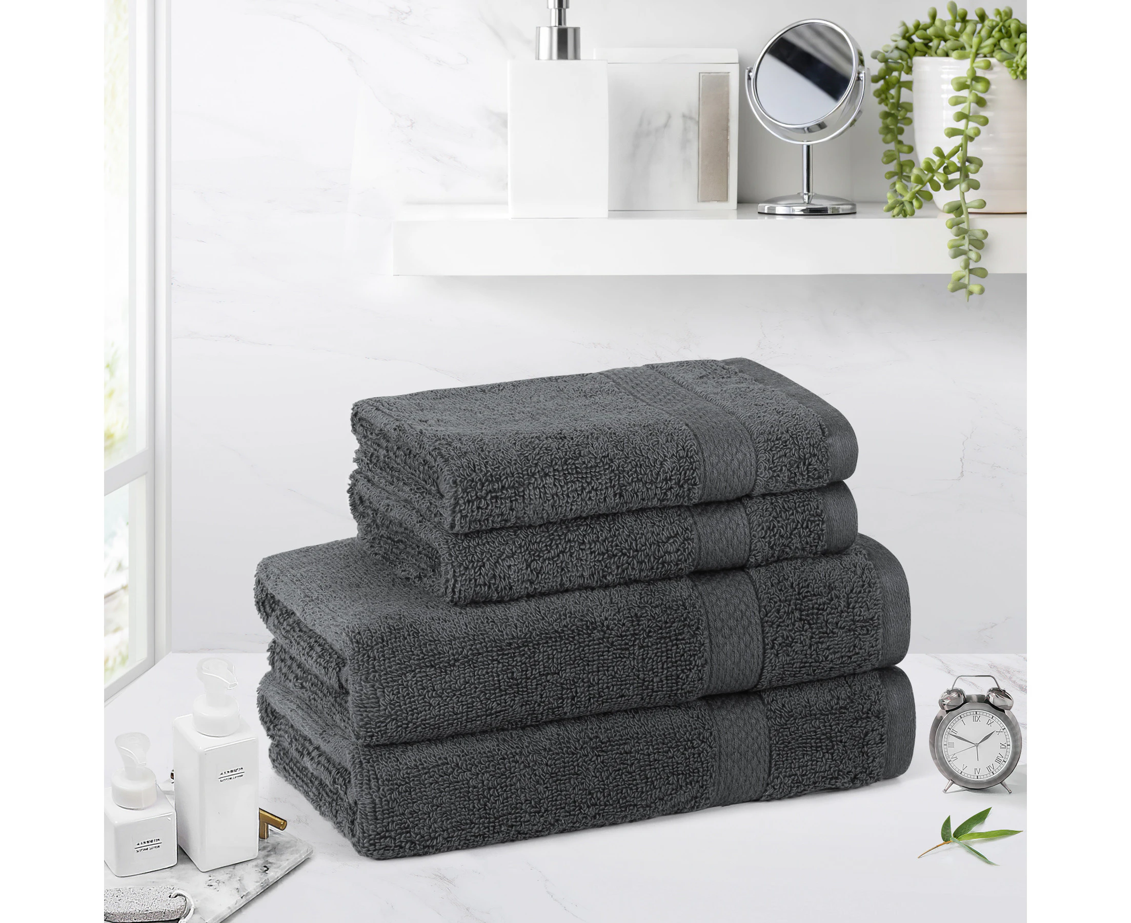 Justlinen 650Gsm 4Pieces Cotton Bathroom Face Towel Hand Towel Soft Set-Charcoale