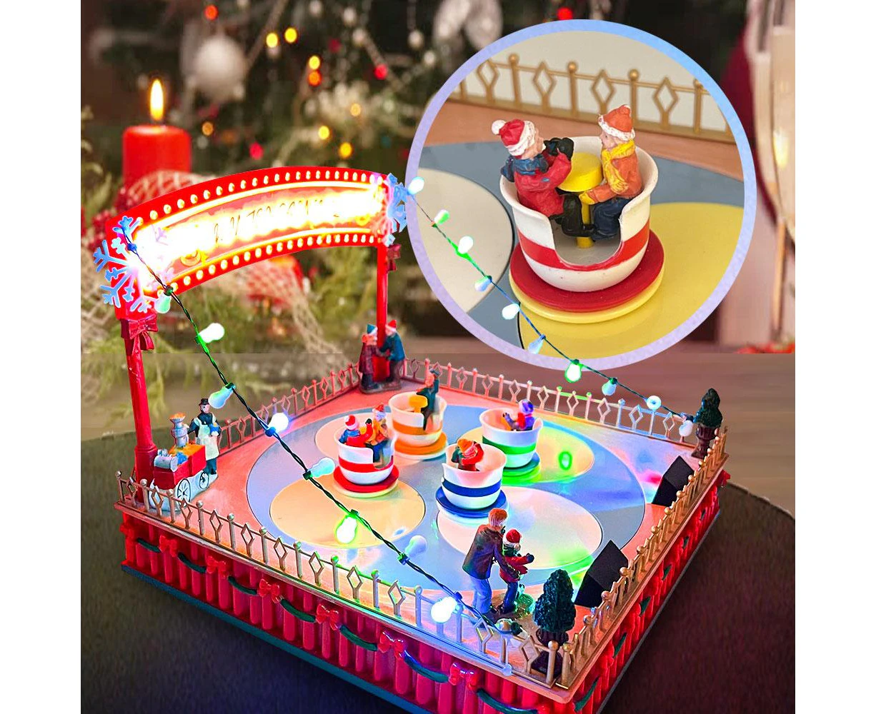 Christmas Village Winter Carnival Spinning Teacups Animated Musical Light-up Theme Park