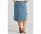 Autograph Denim Belted Midi Skirt - Womens - Plus Size Curvy - Light Wash