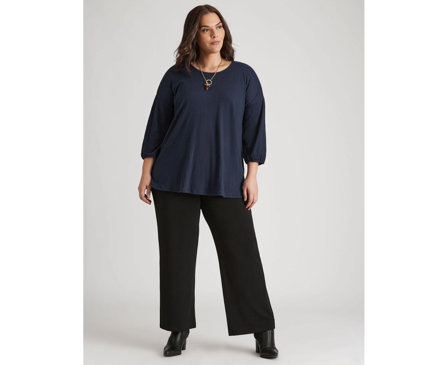 Autograph - Plus Size Womens Pants - Black All Season Cropped Wide Leg Trousers - High Waist - Crepe - Elastane - Casual Fashion - Work Clothes