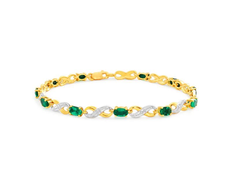 9ct Yellow Gold Created Emerald and Diamond 18cm Infinity Bracelet