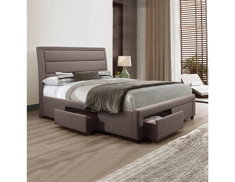 Storage Bed Frame King Size Upholstery Fabric in Light Grey with Base Drawers