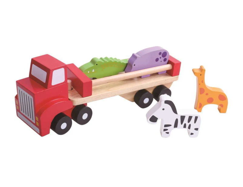 Children's wooden truck toy with wood animals. Zebra and Giraffe.