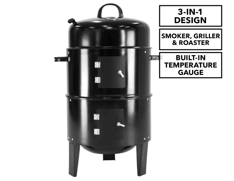 Wallaroo 3-In-1 Charcoal BBQ Smoker - Black Barbeque Grill Griller