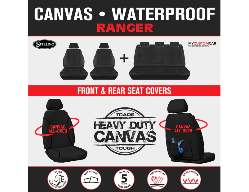 Ford Ranger PX Dual Cab 2015-2022 TRADIES Black Canvas Car Seat Covers - Black