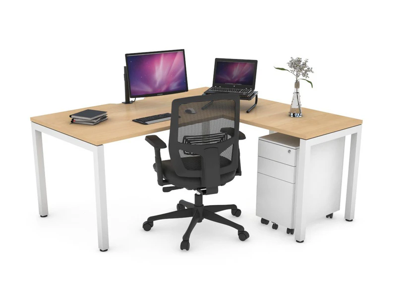 Quadro Square Leg - L Shaped Corner Office Desk - White Leg [1400L x 1550W with Cable Scallop] - maple, none