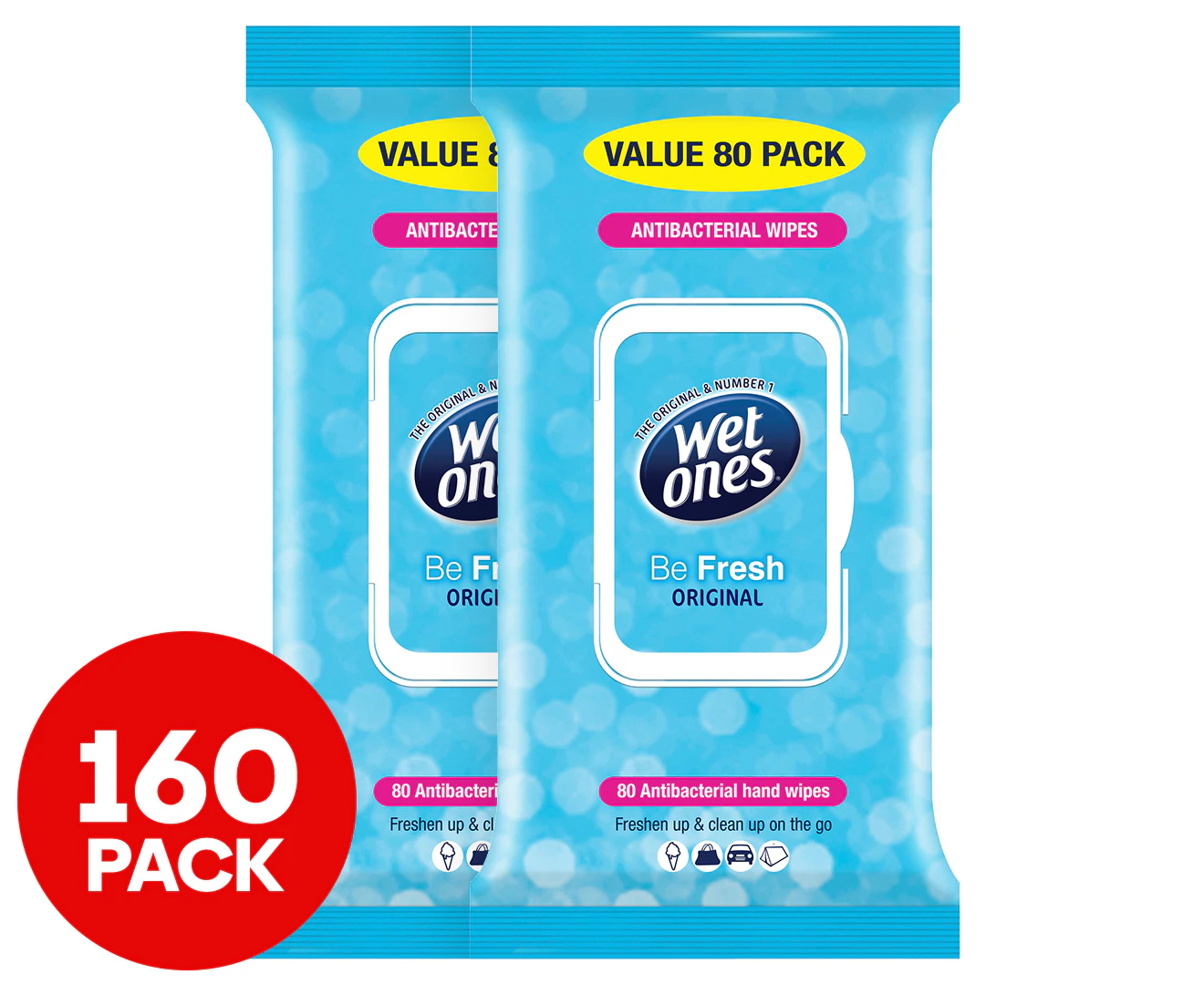 2 x Wet Ones Be Fresh Antibacterial Hand & Body Wipes Original 80pk