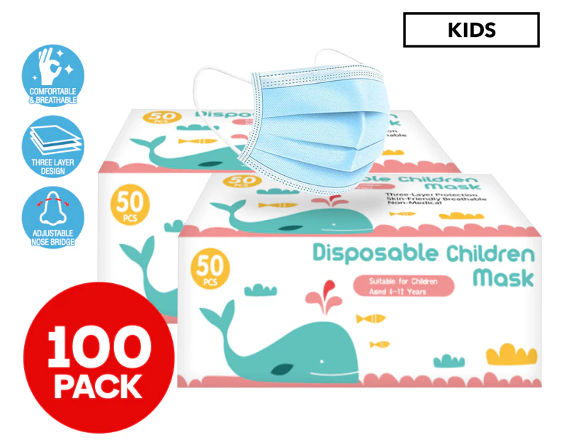 2 x 3-Ply Disposable Children's Face Masks 50-Pack