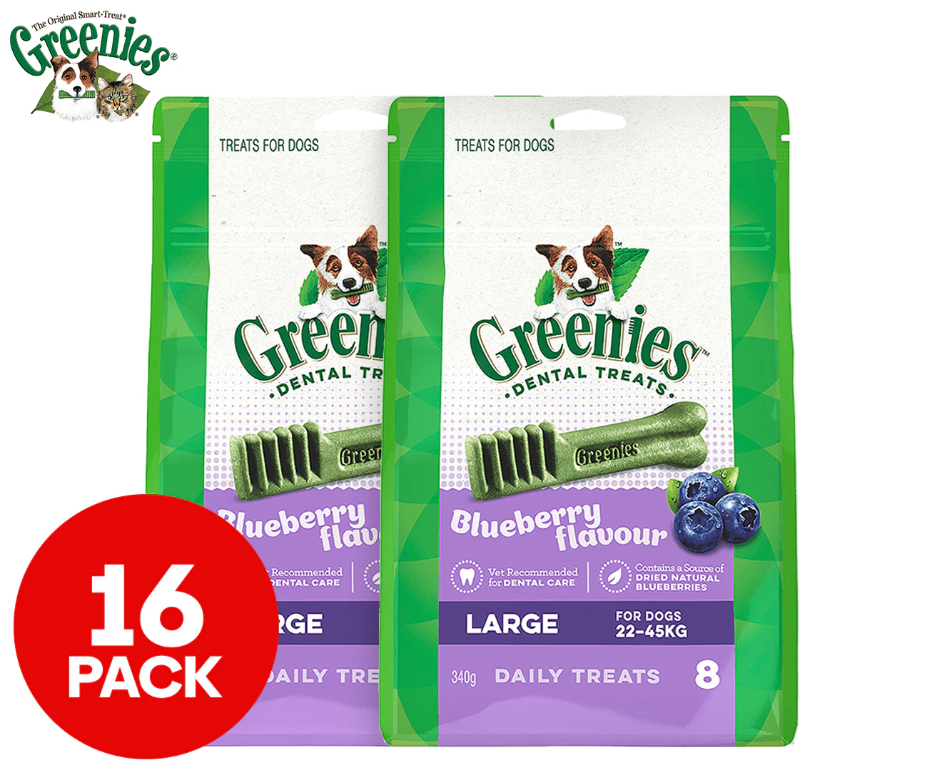 2 x Greenies Large Dental Treats Blueberry 340g