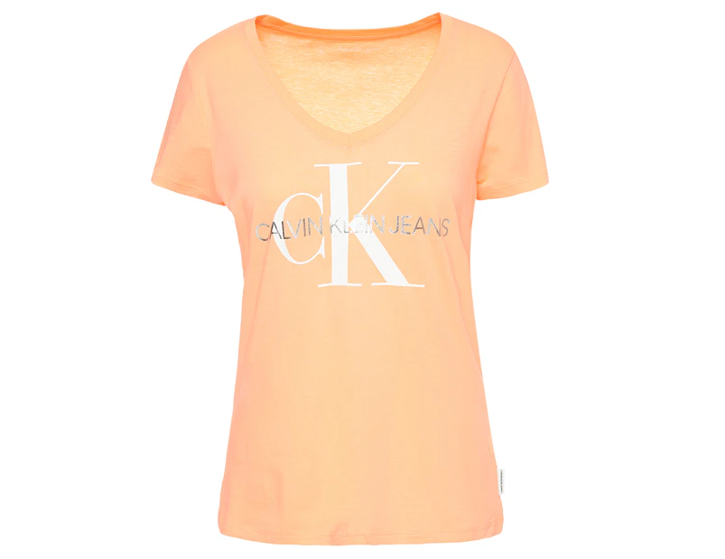 Calvin Klein Jeans Women's Monogram Logo V-Neck Tee / T-Shirt / Tshirt - Melon