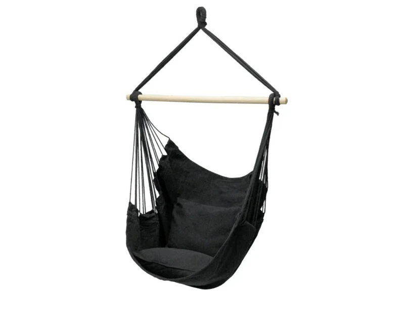Youngly Black 130*100cm Garden Deluxe Hanging Hammock Chair Swing Outdoor/Indoor Camping With 2 Pillows + Stick