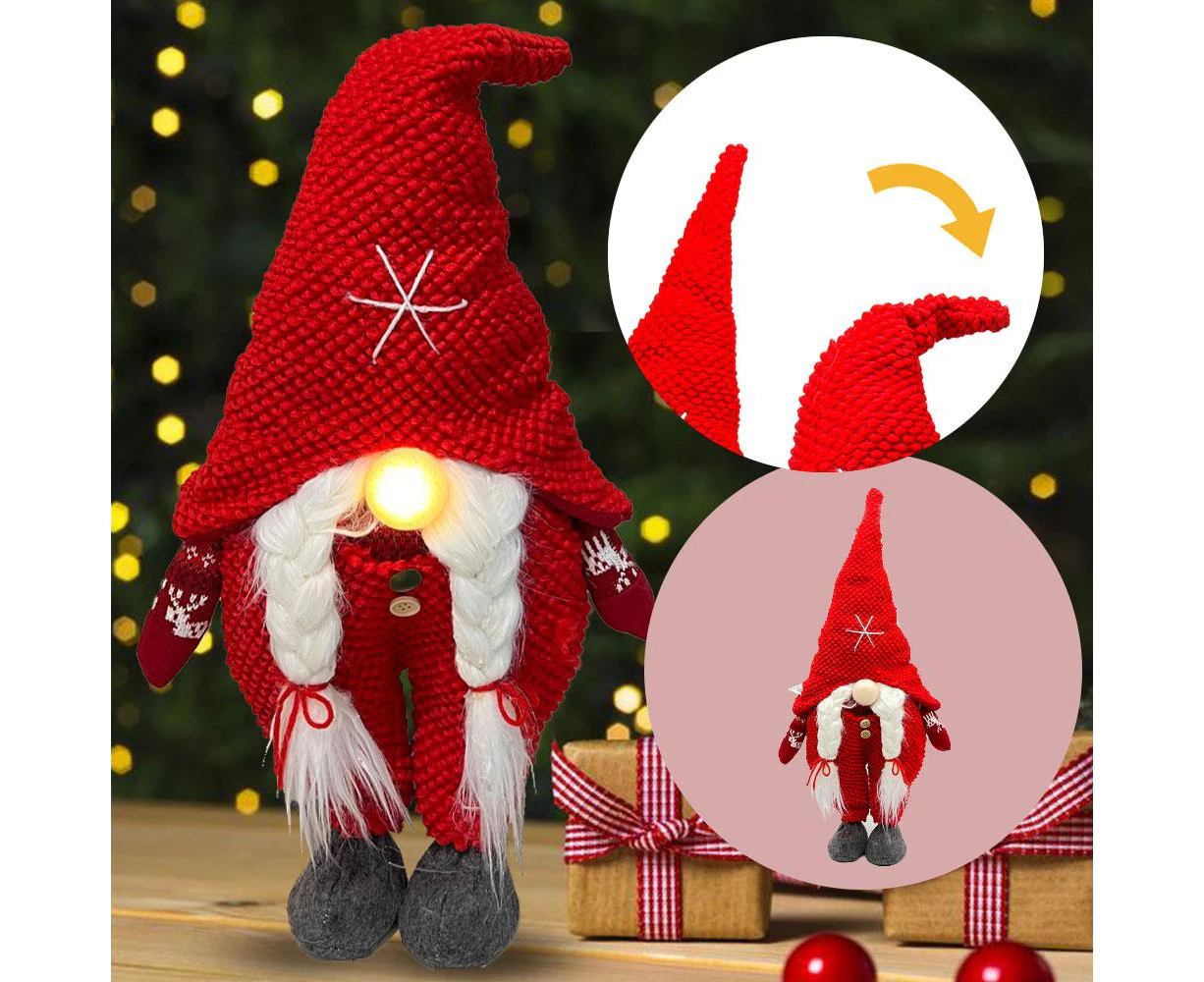 Light-up Standing Santa Claus Gnome Bendable Hat White Beard Braids Faceless Stuffed Doll Christmas Decoration