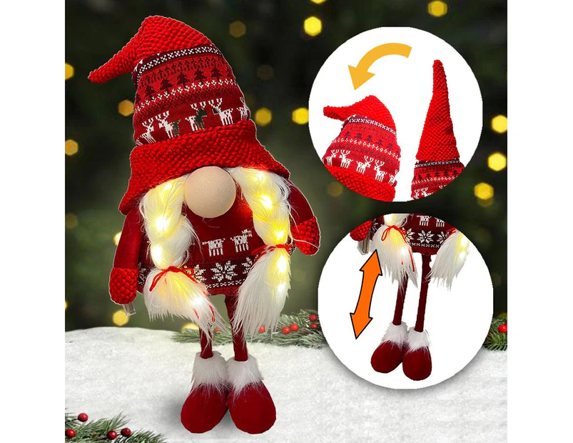 Light-up Standing Santa Claus Gnome Extendable Legs Bendable Hat White Beard Braids Faceless Stuffed Doll Christmas Decoration