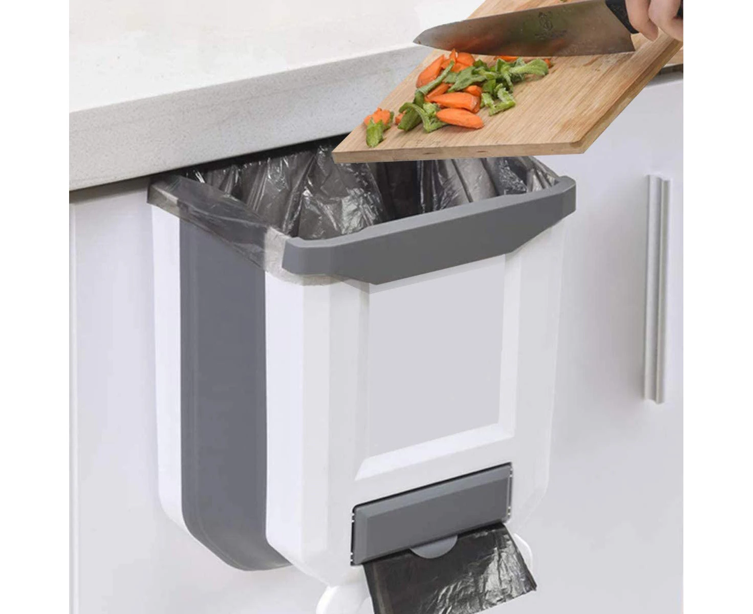 Kitchen Bin,Rubbish Bin Plastic Folding Wall Mounted for Cupboard Door Hanging Trash Can - White