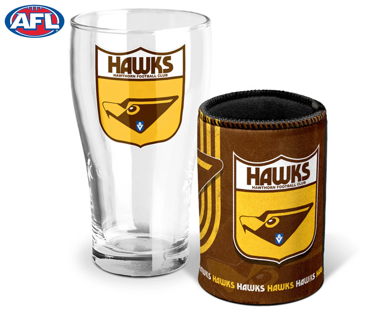 AFL 2-Piece Hawthorn Hawks Heritage Pint Glass & Can Cooler Gift Set