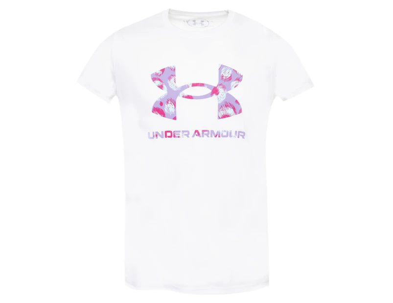 Under Armour Girls' Tech Big Logo Print Fill Tee / T-Shirt / Tshirt - White Breeze/Meteor Pink