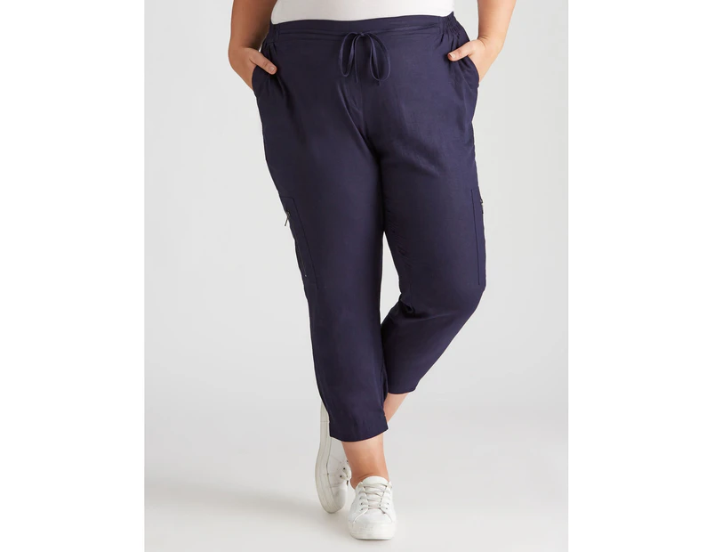 Autograph Woven Linen Blend Elastic Hem Pants - Womens - Plus Size Curvy - Navy