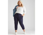 Autograph Woven Linen Blend Elastic Hem Pants - Womens - Plus Size Curvy - Navy