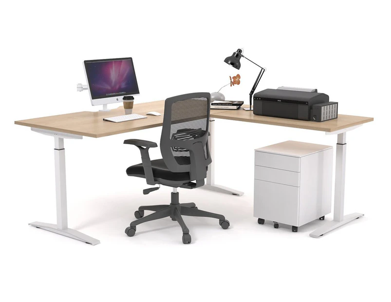 Stand-up - Electric Corner Standing Desk White Frame Left or Right Side Return [1800L x 1800W with Cable Scallop] - maple, none