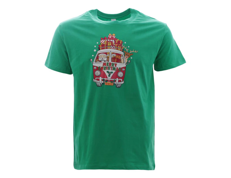 Adult Mens Womens Christmas Xmas T Shirt Tree 100% Cotton Green [Design: Santa Driving Kombi] [Colour: Green] - Green