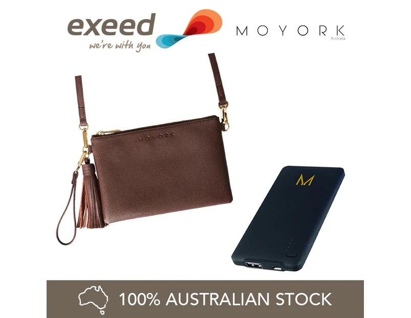 Moyork WATT Genuine Leather Clutch Bag with Strap 4000mAh Power Bank Purse Charger- Nutmeg Brown