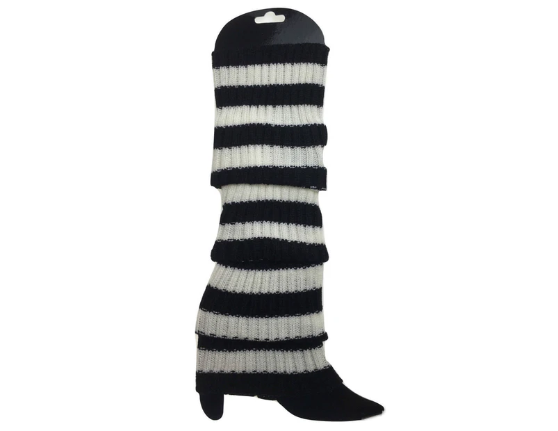 6x Womens Leg Warmers Disco Winter Knit Dance Party Costume  Crochet Legging Socks - Black/White Stripe