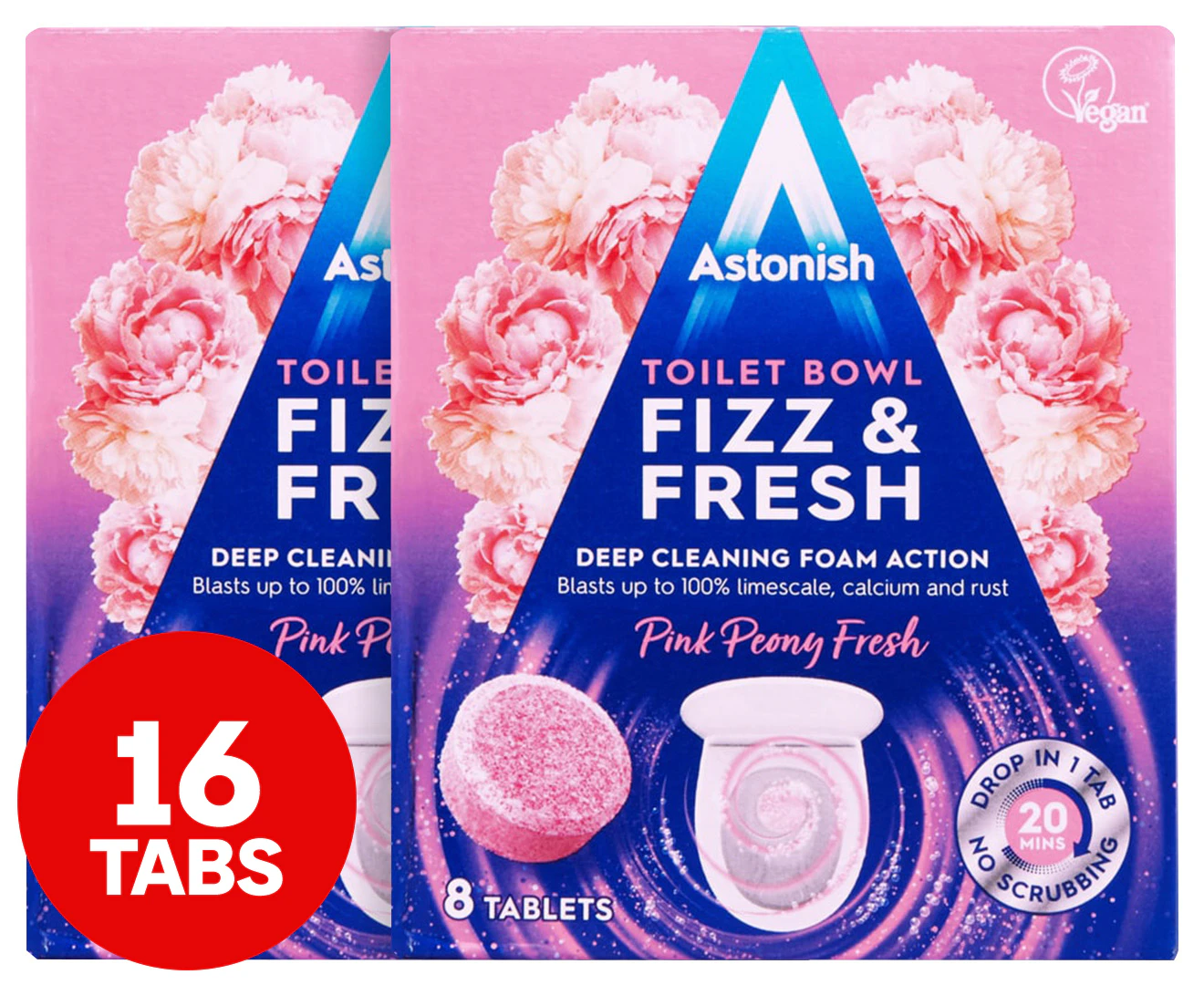 2 x 8pk Astonish Toilet Bowl Fizz & Fresh Tabs Pink Peony Fresh