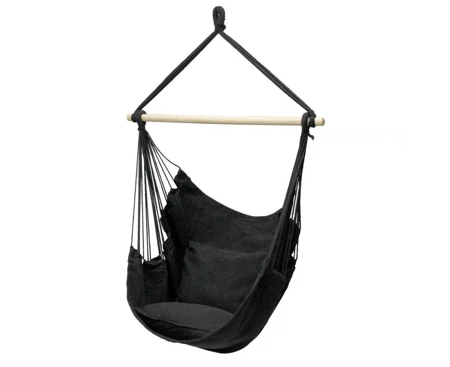 SNAILHOME 1 Person 120KG Capacity Black Hanging Fabric Hammock Chair Swing + 2 Pillow Cushions Outdoor Seating