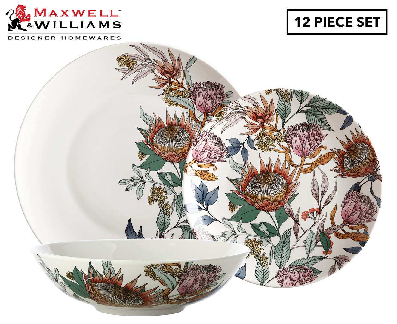 Maxwell & Williams 12 Piece Waratah Coupe Dinner Set White/Multi